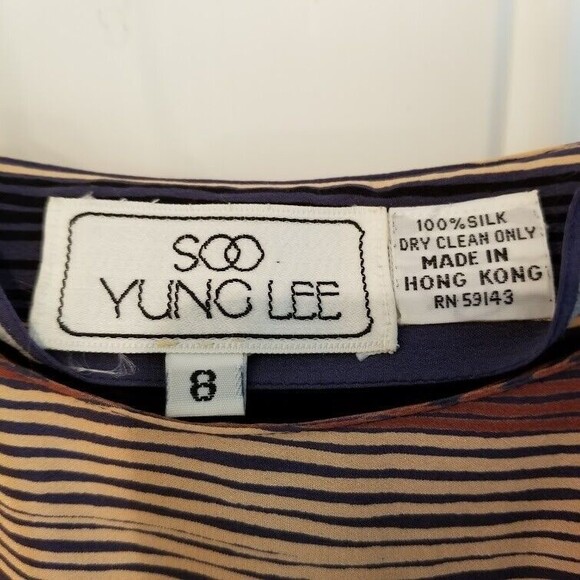 Soo Yung Lee RARE Vintage Silk Dress Striped Sz 8 Hong Kong Blue Brown Sundress - Picture 4 of 15